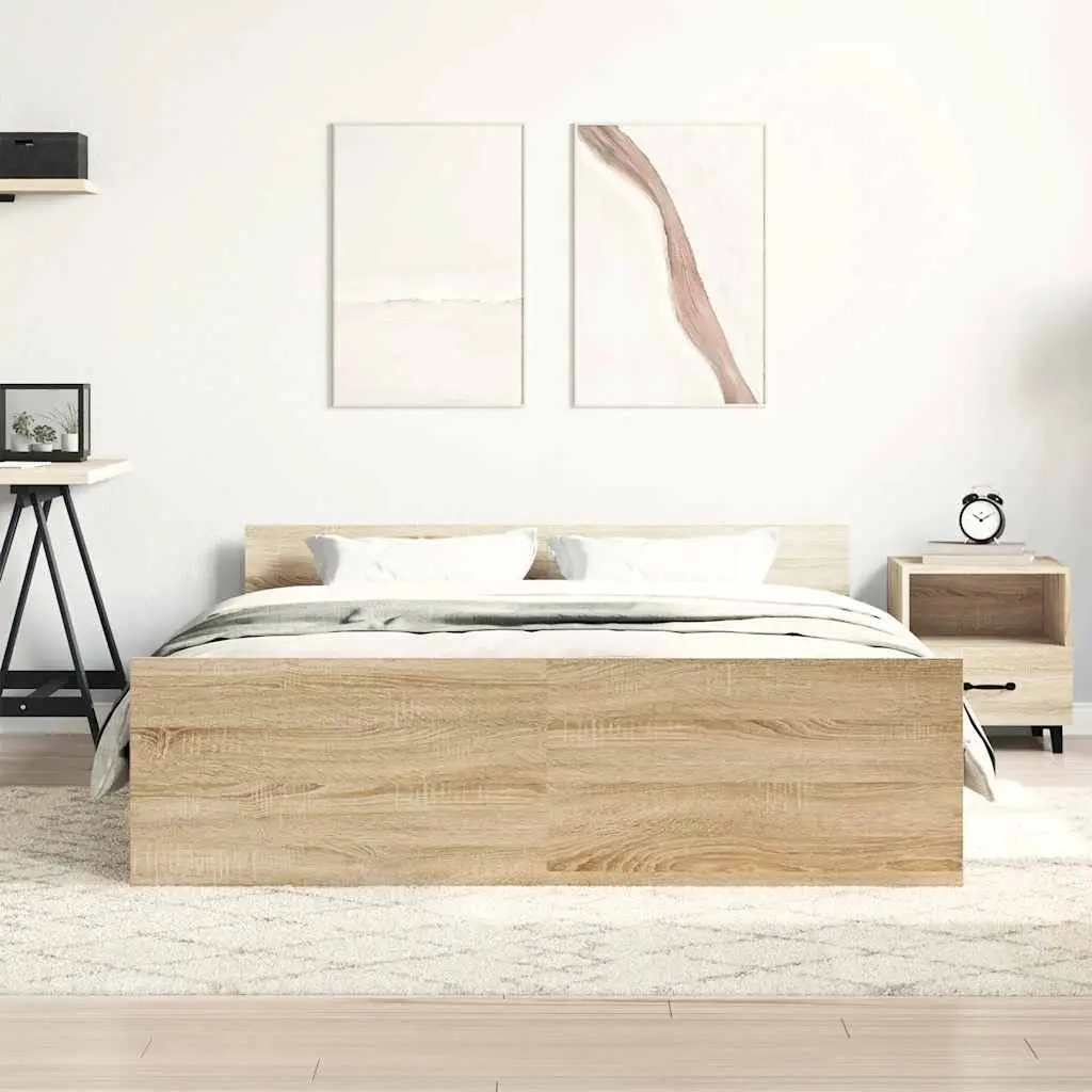 Bed Frame Engineered Wood 135x190 cm Brown with Headboard and Footboard Plywood Slats