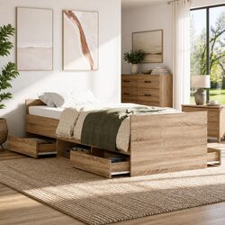 Bed Frame 90x190 cm Brown Engineered Wood Headboard Footboard Storage Drawers