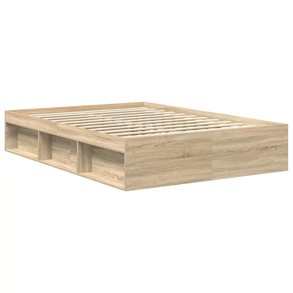 Queen Size Bed Frame Engineered Wood Brown with Storage Compartments
