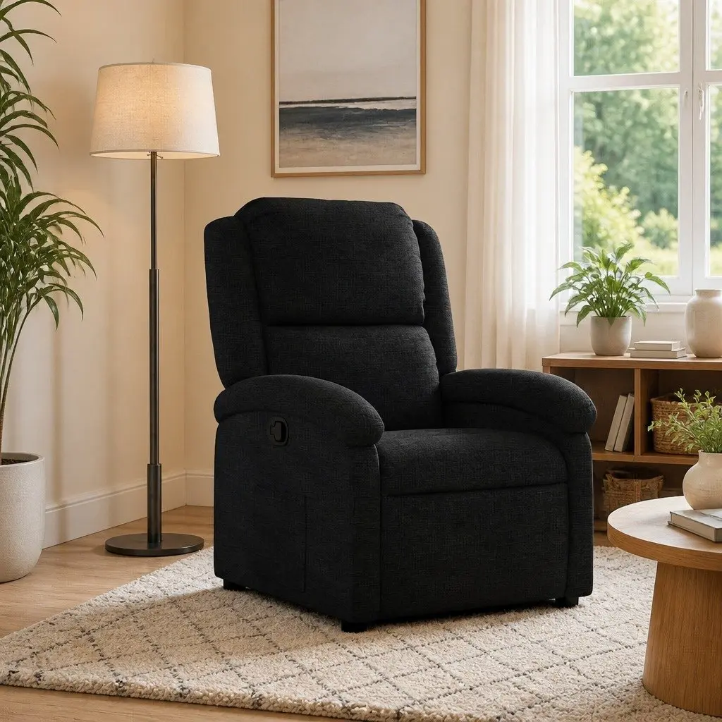 Black Fabric Lounge Recliner Chair Manual Reclining Armchair with Padded Seat and Side Pocket