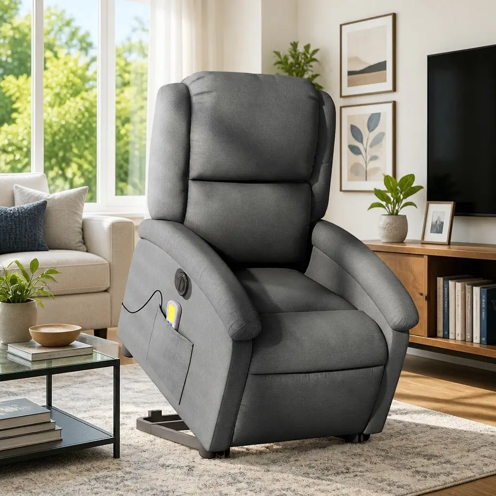 Electric Massage Chair Fabric Grey Stand Up Recliner with Power Lift and 6 Massage Points