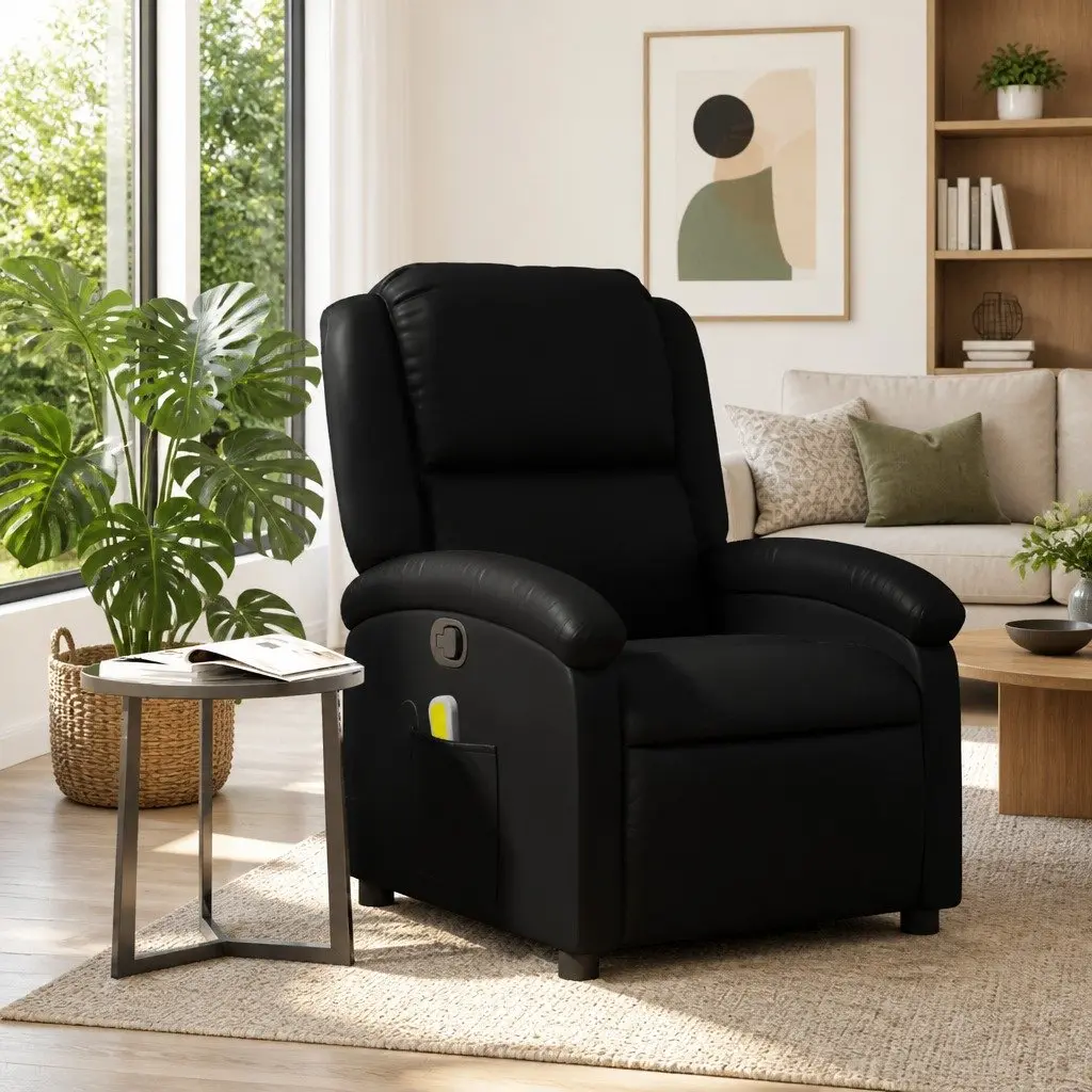 Reclining Massage Chair Manual Faux Leather Adjustable Backrest 135 Degree Black with 6 Vibration Points
