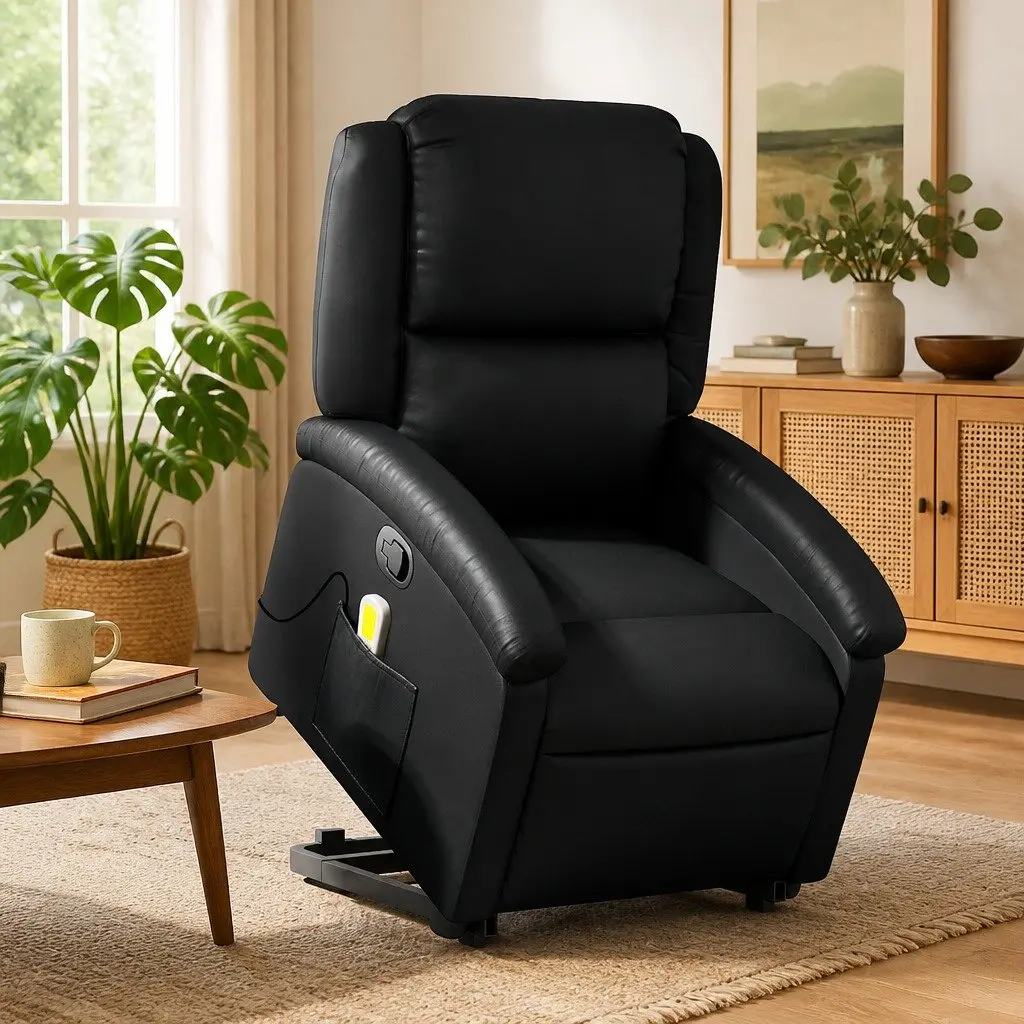 Electric Massage Recliner Chair Faux Leather Black Power Lift 135 Degrees