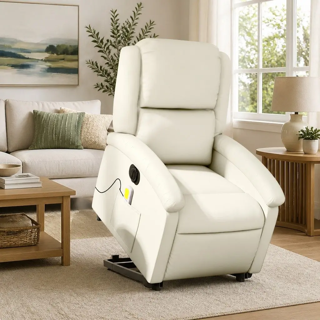 Electric Massage Recliner Chair Faux Leather Cream Power Lift Adjustable Backrest and Footrest