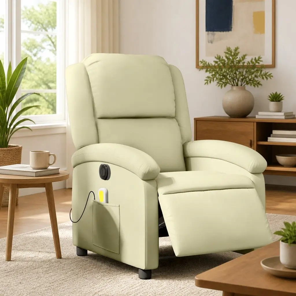 Electric Recliner Chair Cream Real Leather Adjustable Footrest Vibration Massage