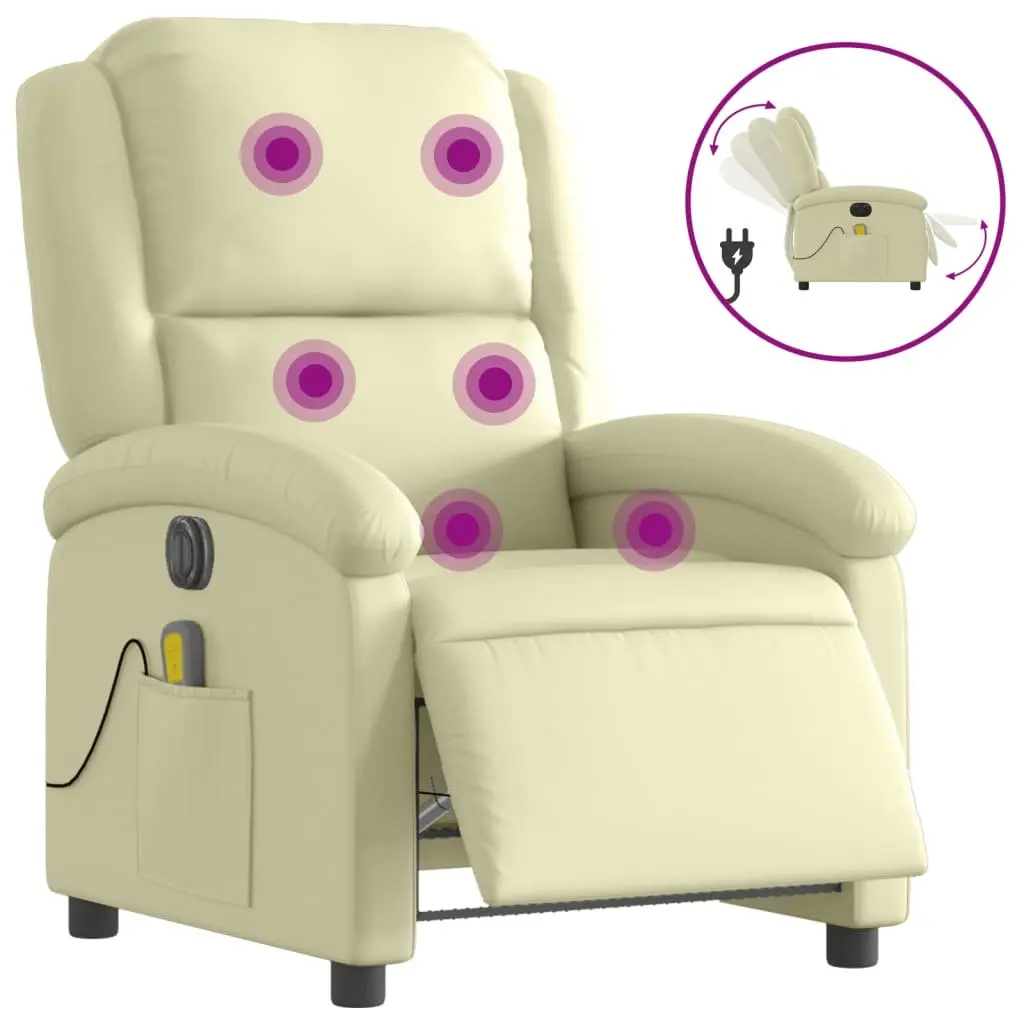 Electric Recliner Chair Cream Real Leather Adjustable Footrest Vibration Massage