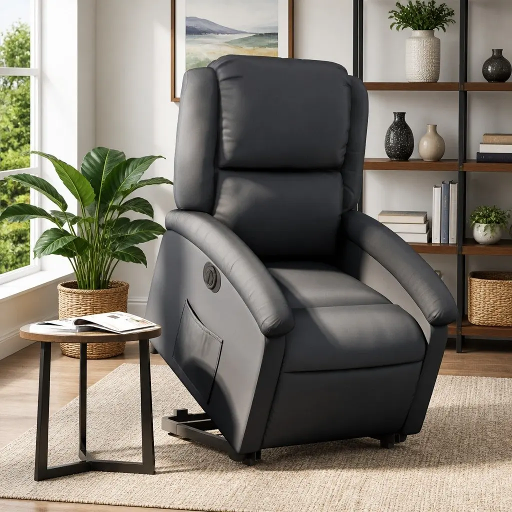 Electric Recliner Chair Power Lift Black Leather Padded Seat Wide Armrests