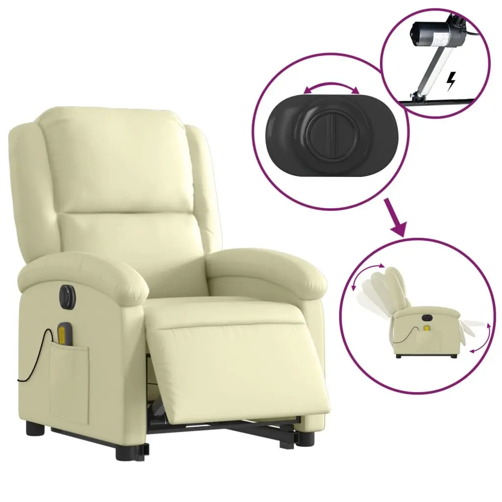 Electric Massage Recliner Chair Cream Leather Power Lift Adjustable 135 Degrees