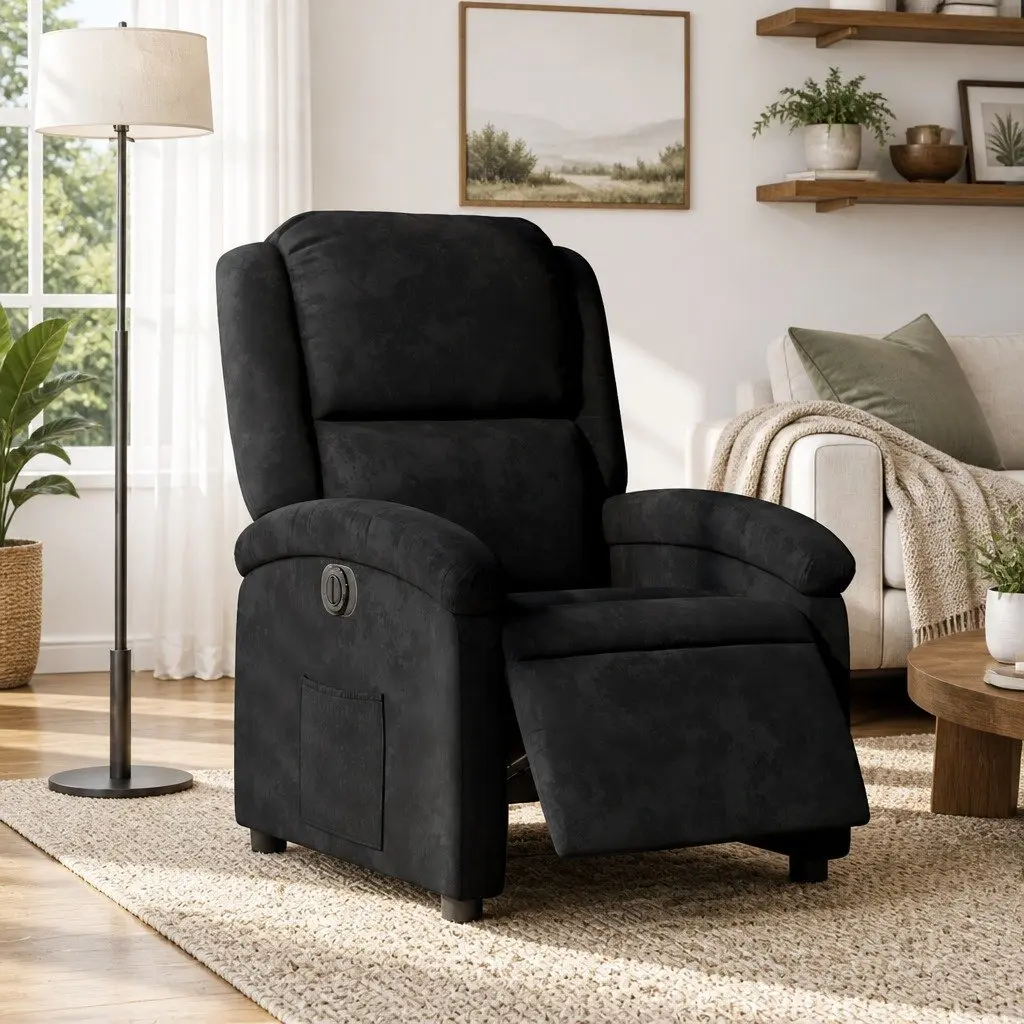 Electric Recliner Chair Velvet Black Armchair Auto Reclining Footrest Backrest