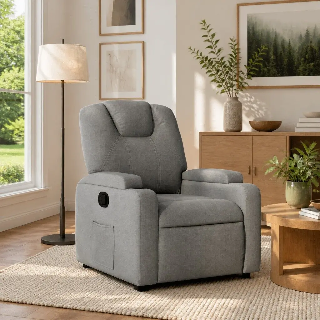 Manual Recliner Chair Adjustable Backrest Grey Fabric with Cup Holders and Side Pocket