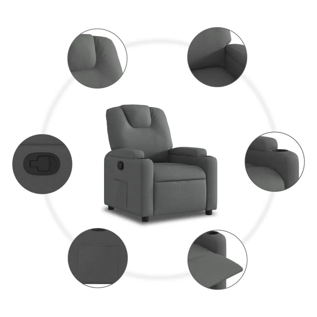 Manual Recliner Chair Adjustable Backrest Grey Fabric with Cup Holders and Side Pocket
