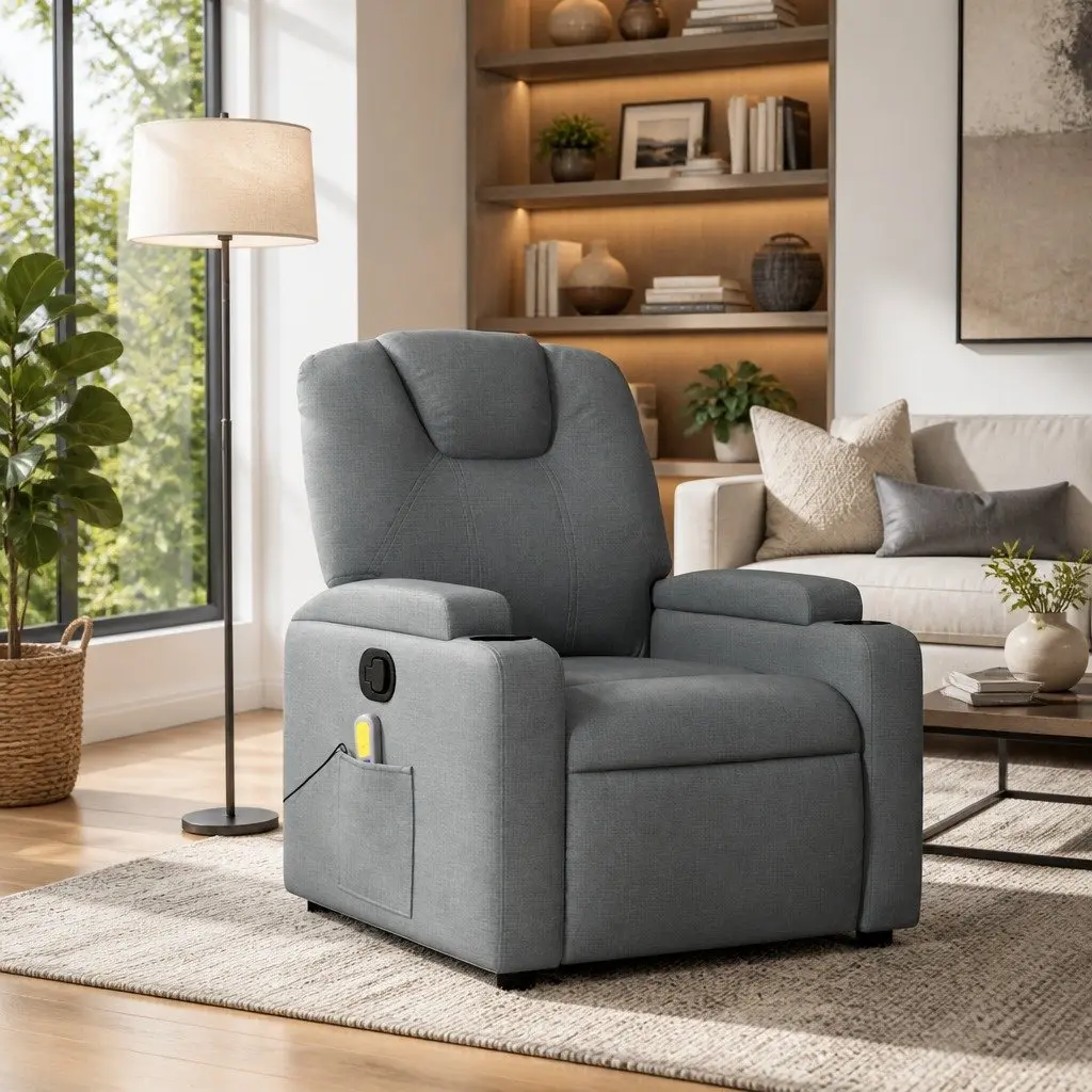 Grey Fabric Manual Recliner Chair with Vibration Massage and Adjustable Backrest and Footrest