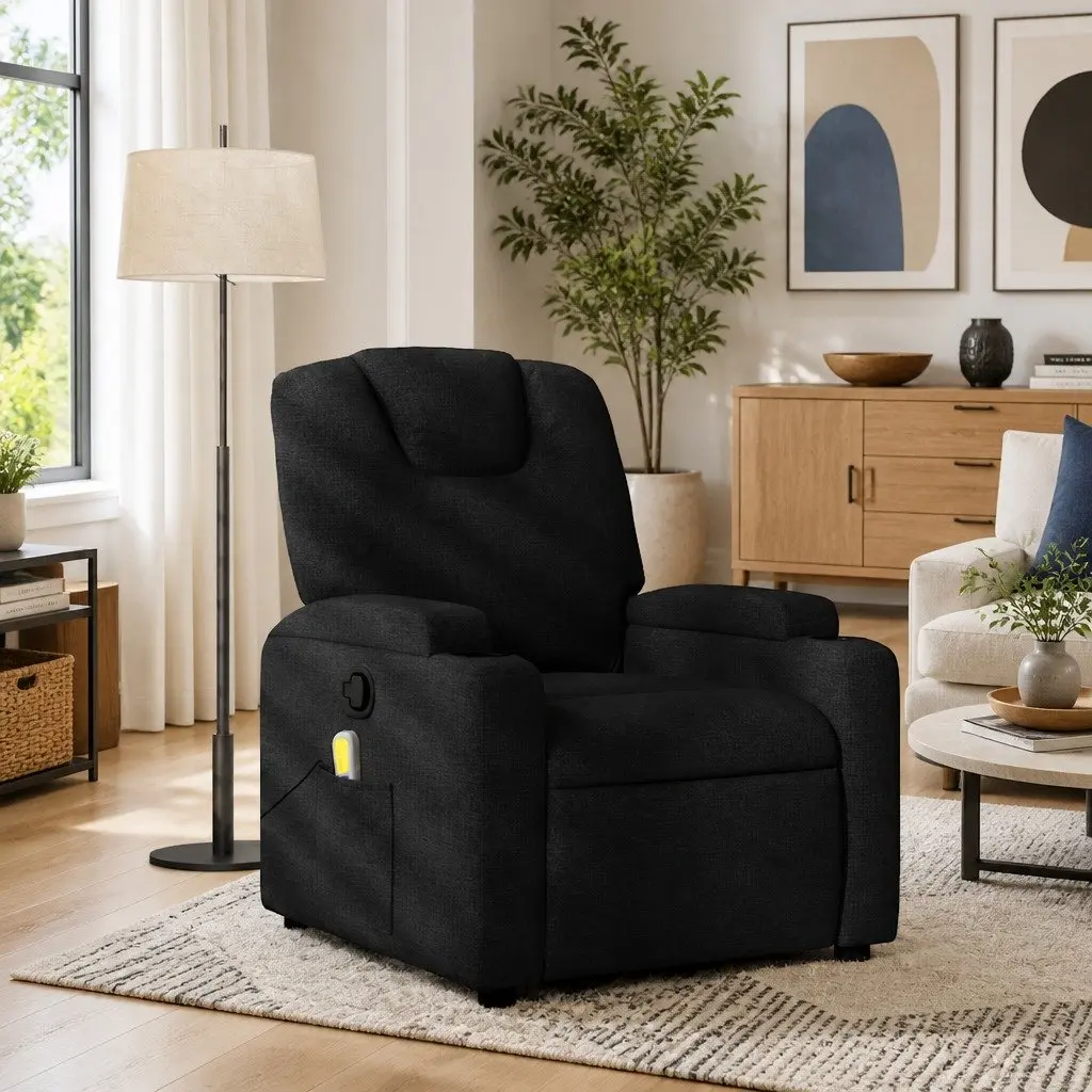 Manual Reclining Massage Chair Fabric Black Adjustable Footrest 6 Massage Points