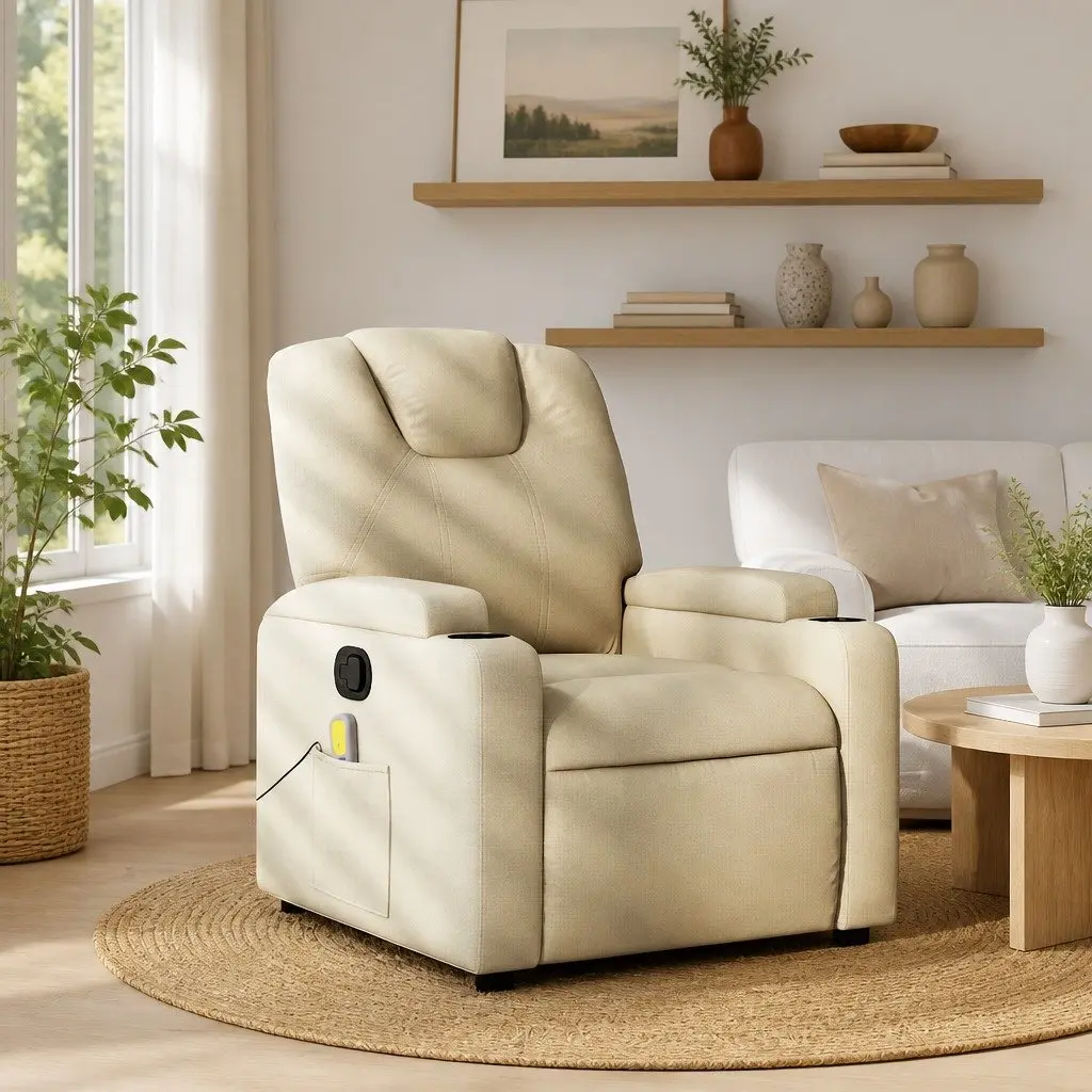 Massage Recliner Chair Manual Adjustable Cream Fabric 135 Degrees 6 Vibration Points