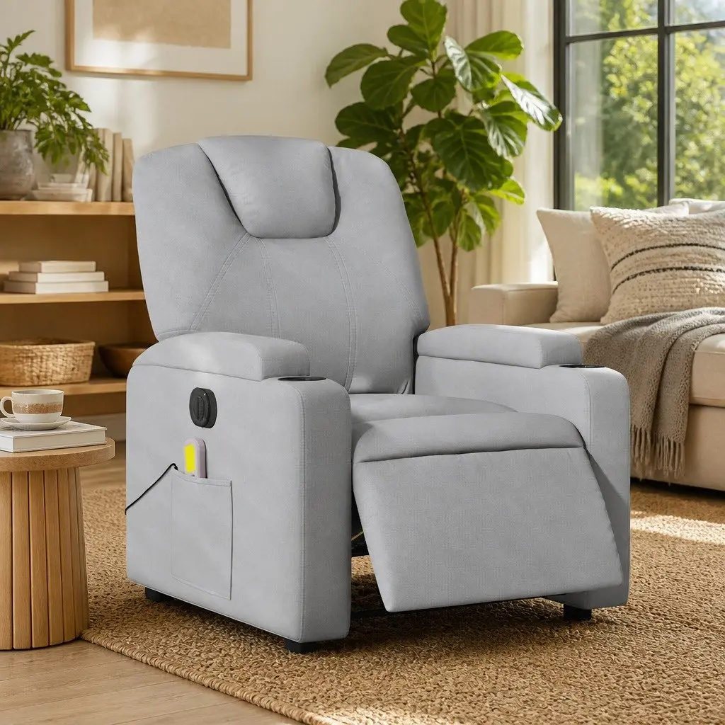 Electric Reclining Massage Chair Fabric Grey Lounge Seat Adjustable Footrest Vibration