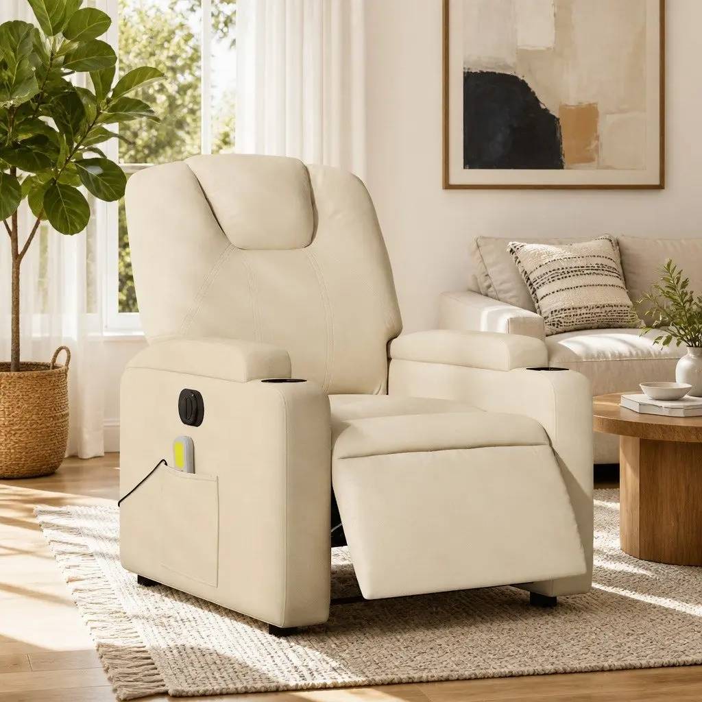 Electric Massage Recliner Chair Fabric Cream Adjustable Footrest
