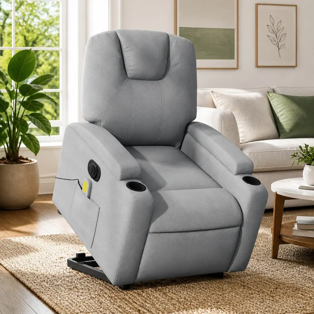 Electric Massage Recliner Chair Fabric Grey Power Lift 135 Degrees
