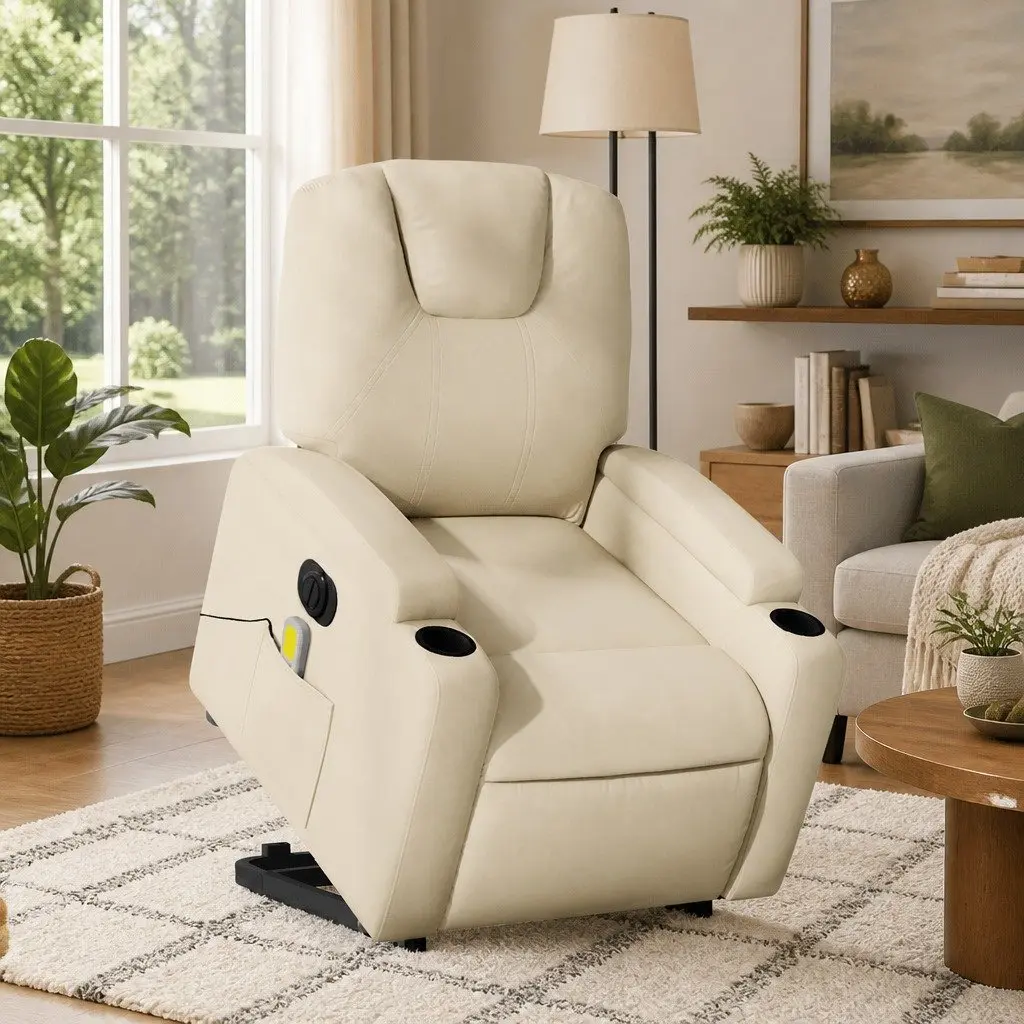Electric Massage Chair Power Recline Lift Cream Fabric 135 Degrees