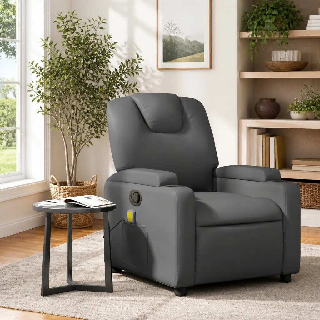 Massage Recliner Chair Grey Faux Leather Manual Recline 6 Vibration Points