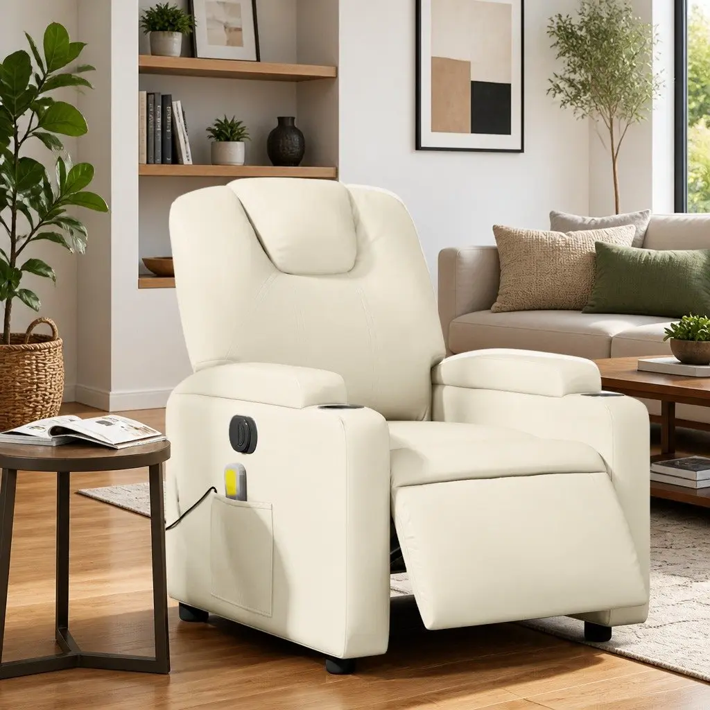 Electric Recliner Chair Faux Leather Cream with Massage Function Adjustable Footrest 135 Degrees
