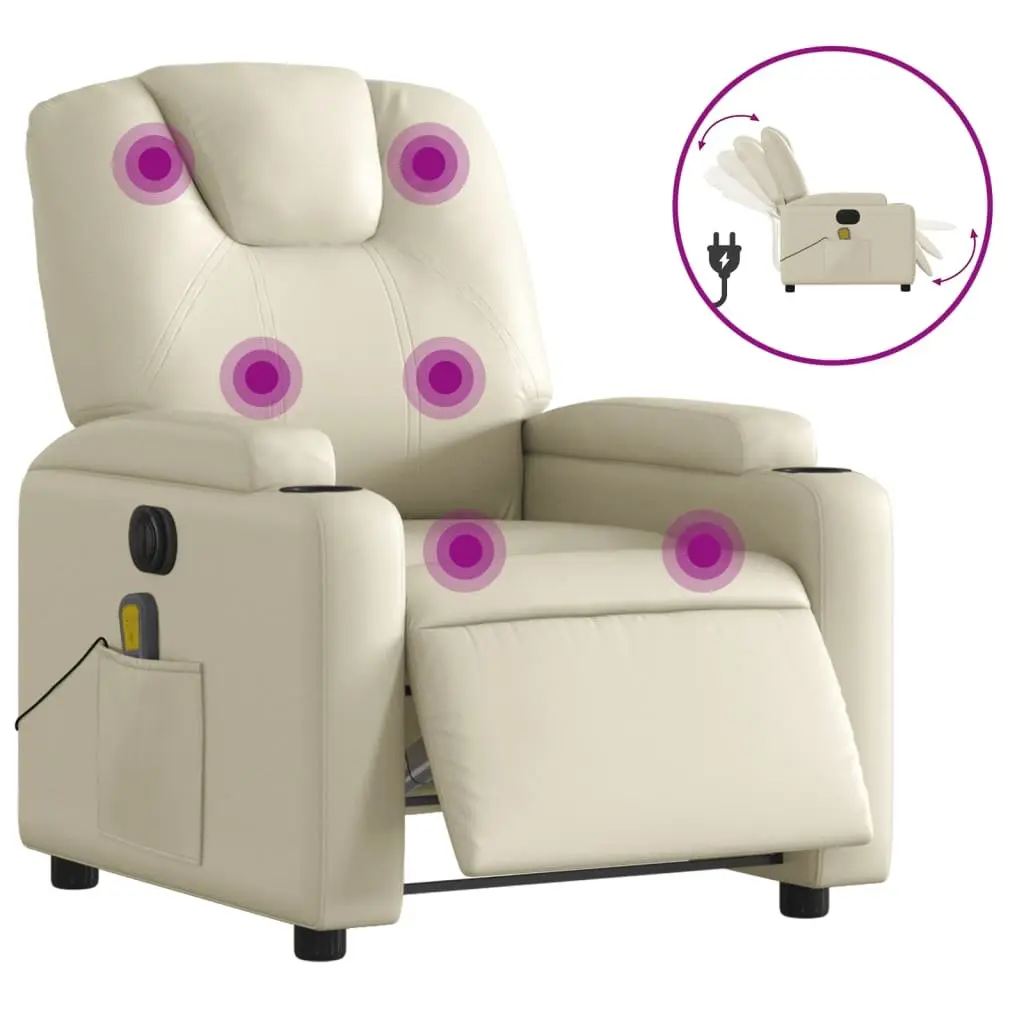 Electric Recliner Chair Faux Leather Cream with Massage Function Adjustable Footrest 135 Degrees
