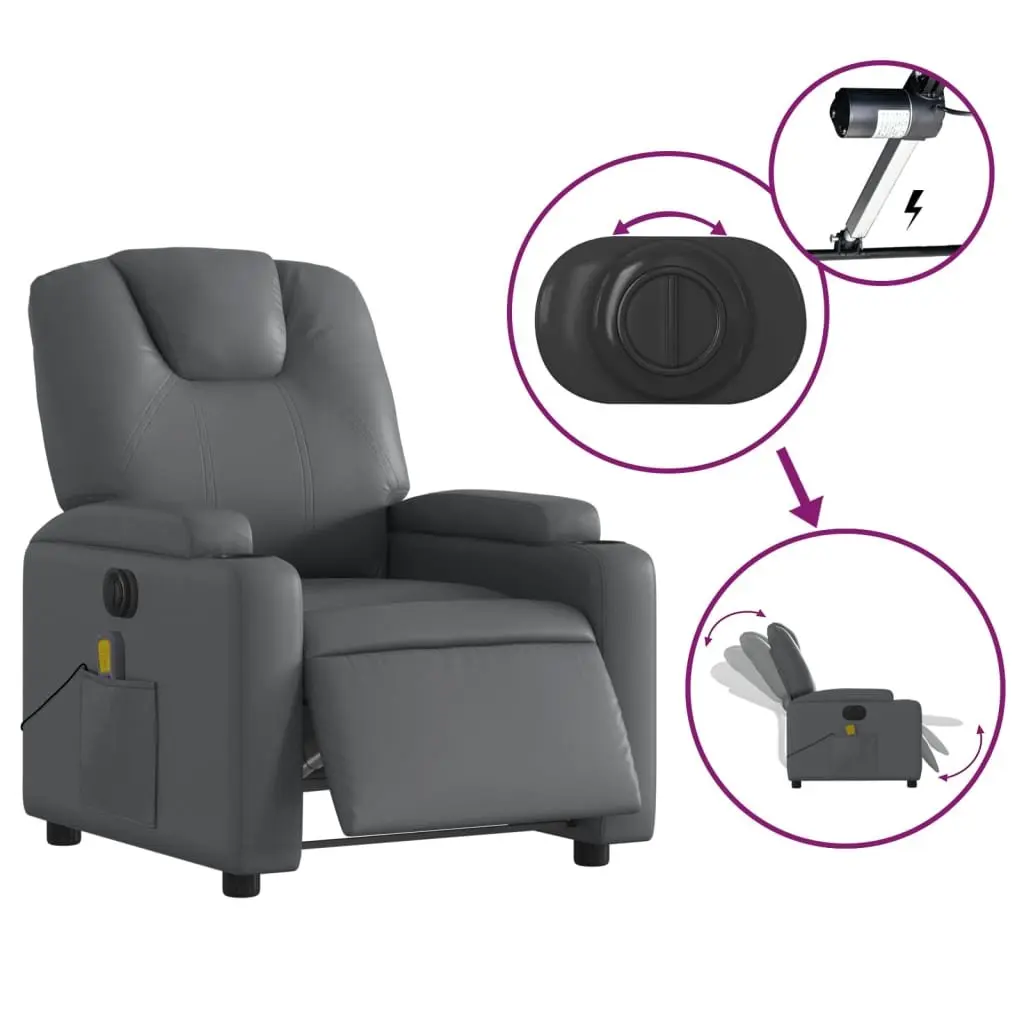 Electric Recliner Chair Faux Leather Grey Adjustable 135 Degrees with 6 Massage Points and Footrest