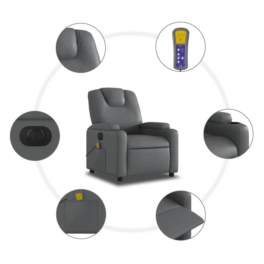 Electric Recliner Chair Faux Leather Grey Adjustable 135 Degrees with 6 Massage Points and Footrest