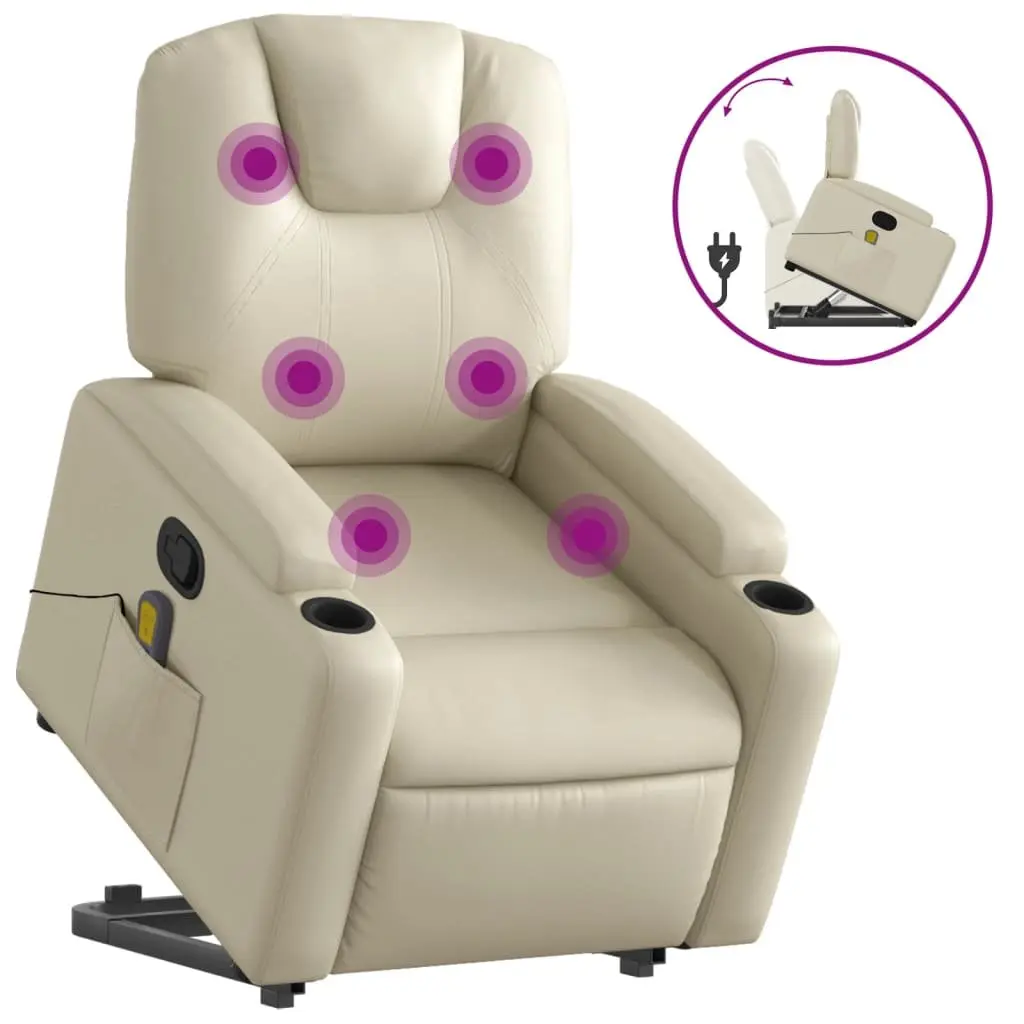 Stand Up Massage Recliner Chair Faux Leather Cream Power Lift Manual Recline Vibration Armchair