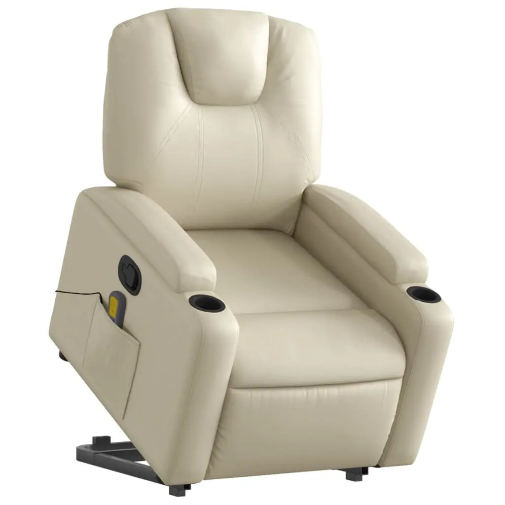 Stand Up Massage Recliner Chair Faux Leather Cream Power Lift Manual Recline Vibration Armchair
