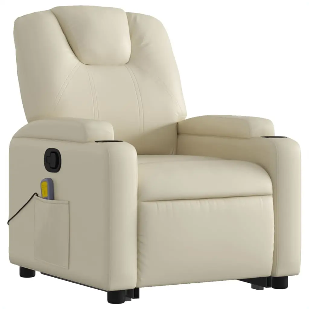 Stand Up Massage Recliner Chair Faux Leather Cream Power Lift Manual Recline Vibration Armchair