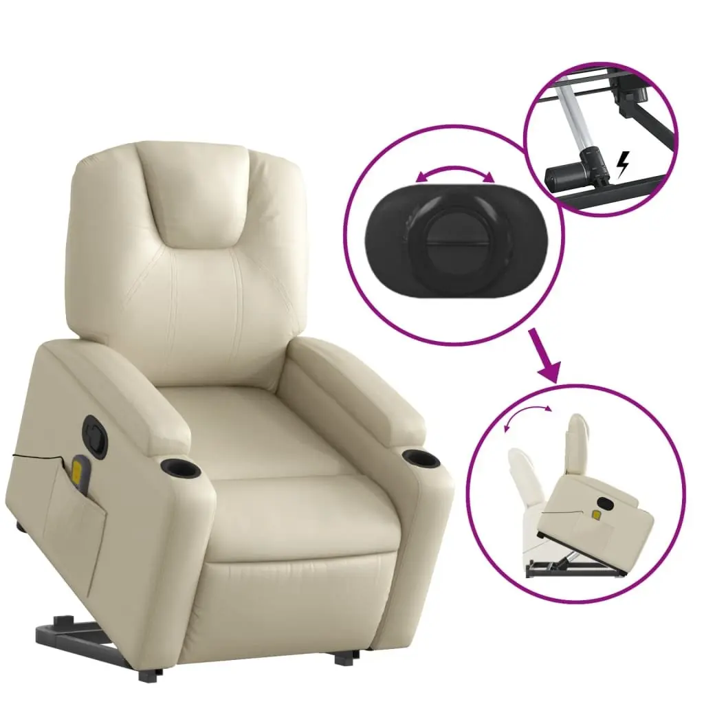 Stand Up Massage Recliner Chair Faux Leather Cream Power Lift Manual Recline Vibration Armchair