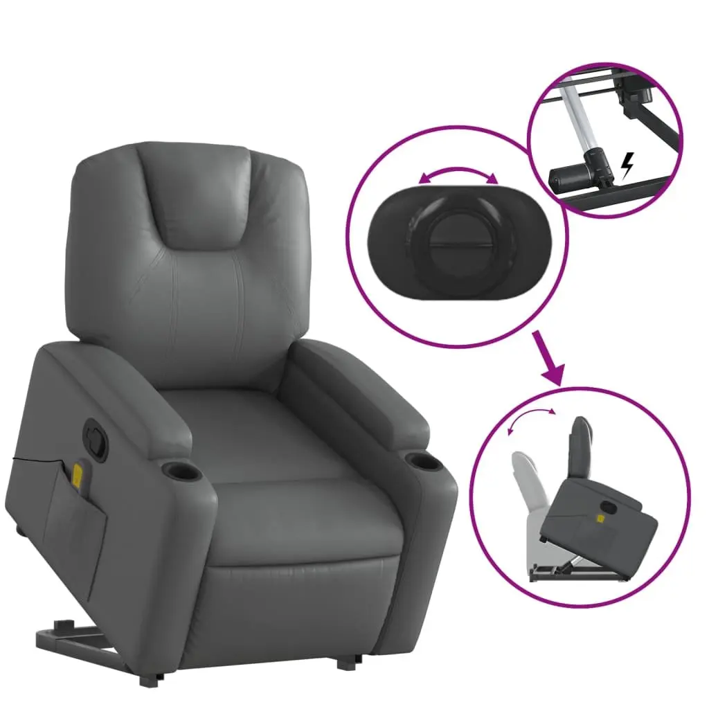 Stand Up Massage Recliner Chair Grey Faux Leather Power Lift Elderly Armchair