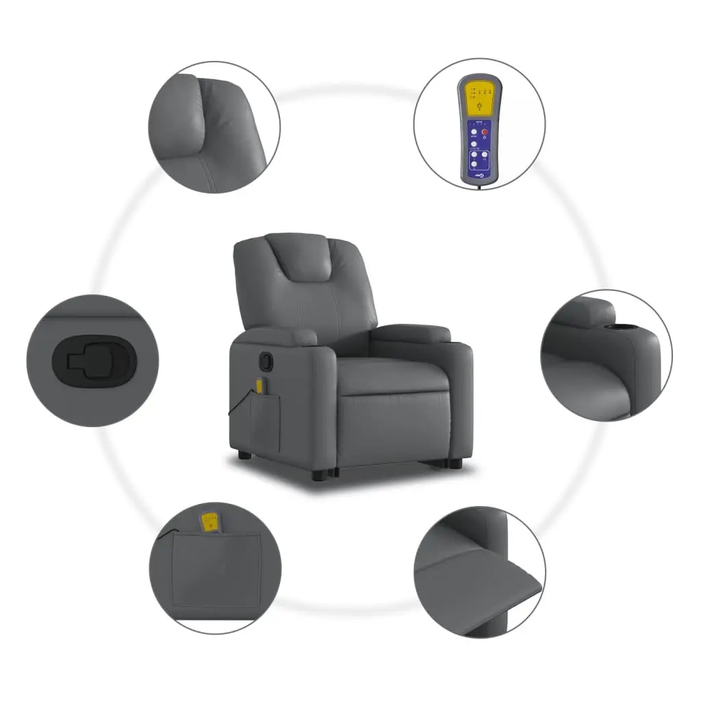 Stand Up Massage Recliner Chair Grey Faux Leather Power Lift Elderly Armchair