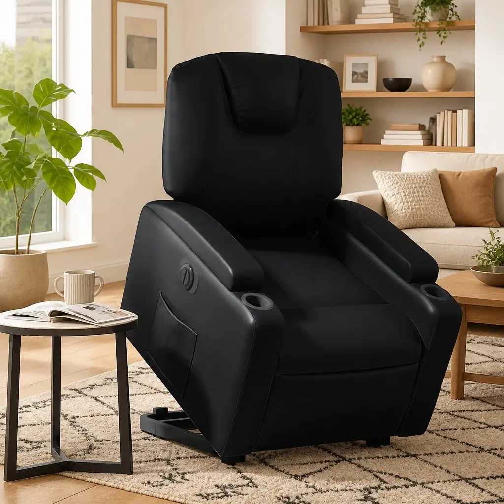 Electric Recliner Chair Faux Leather Black Power Lift Armchair
