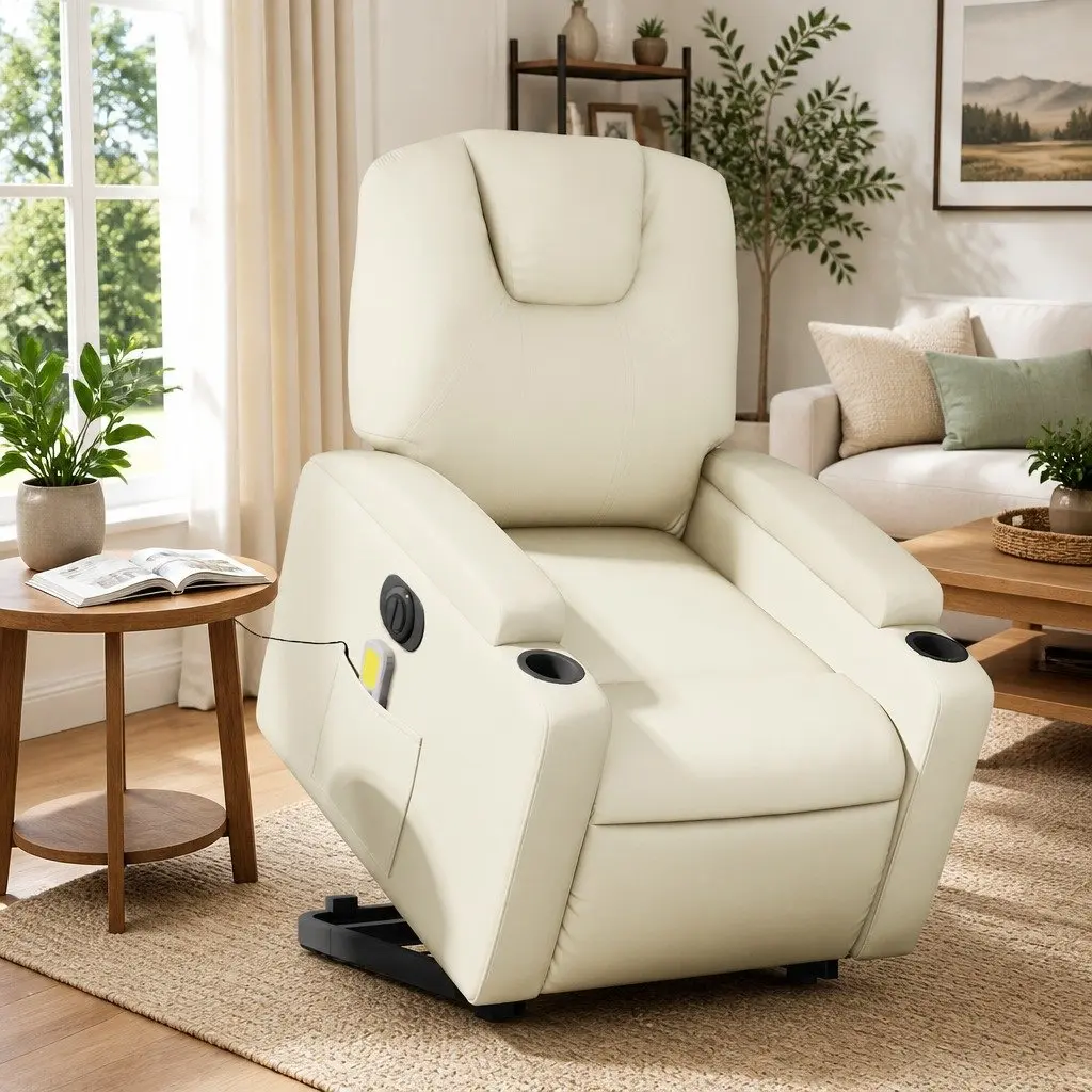 Electric Massage Recliner Chair Faux Leather Cream Power Lift 135 Degrees