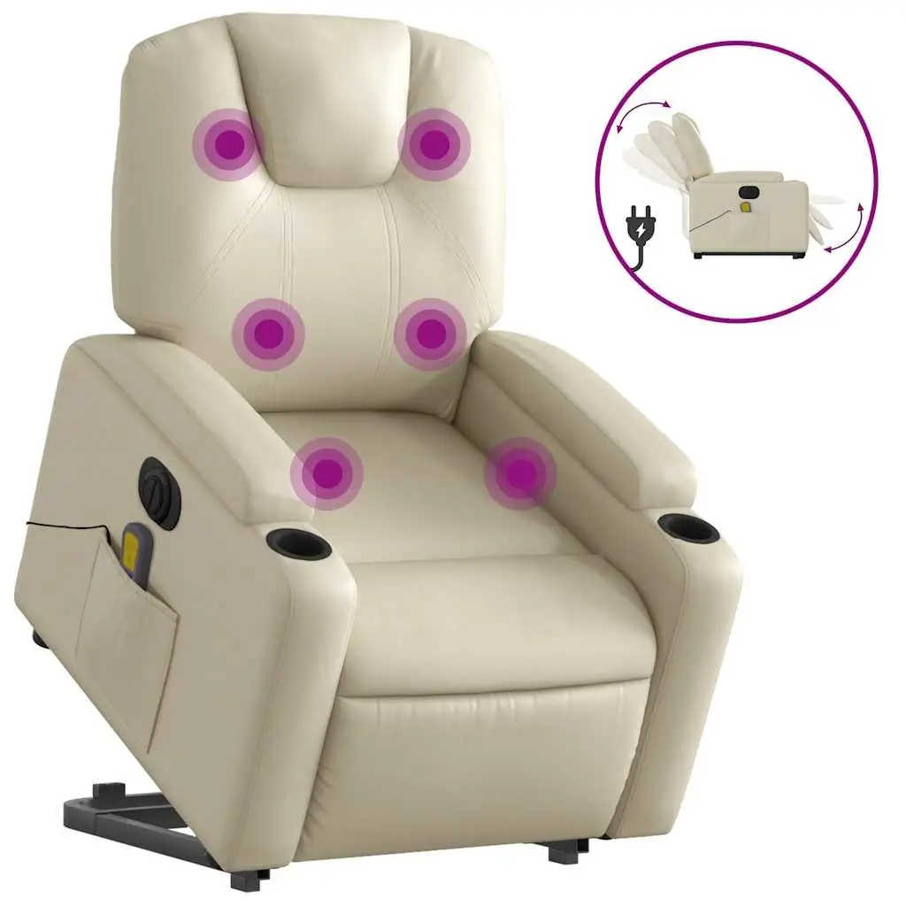 Electric Massage Recliner Chair Faux Leather Cream Power Lift 135 Degrees