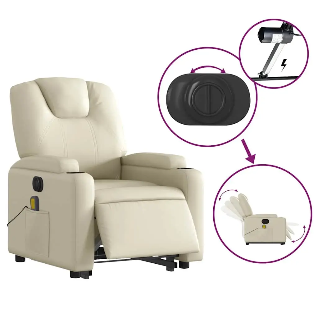 Electric Massage Recliner Chair Faux Leather Cream Power Lift 135 Degrees