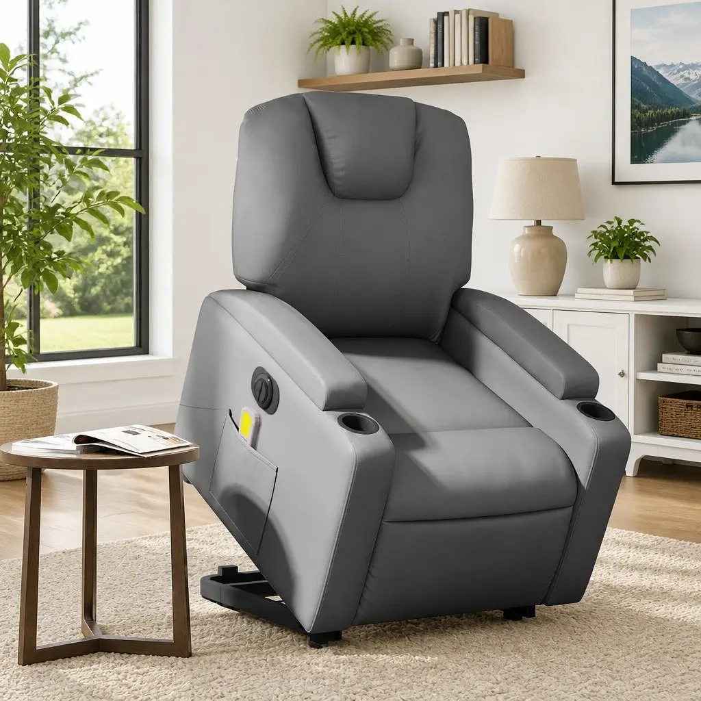 Electric Massage Recliner Chair Faux Leather Grey Power Lift Function