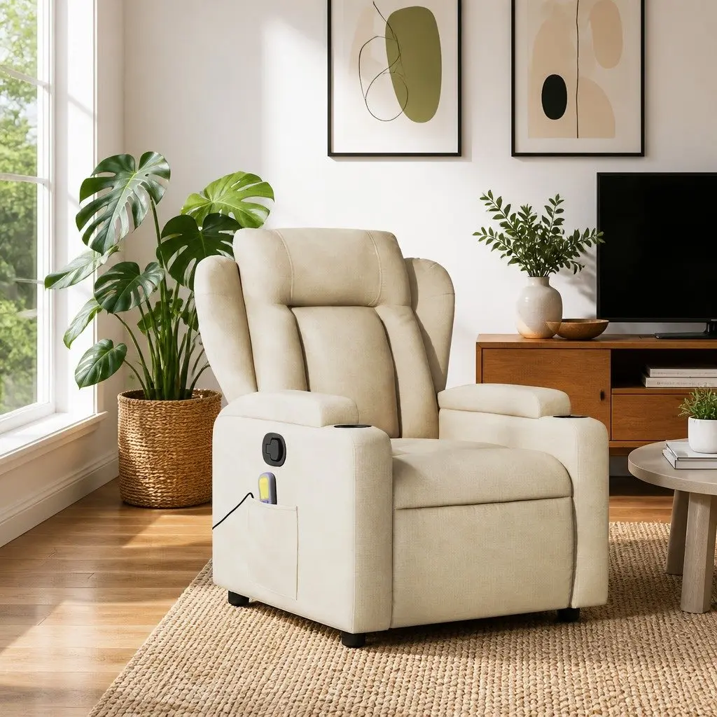 Recliner Chair Cream Fabric Manual Vibration Massage 6 Points Adjustable Armchair
