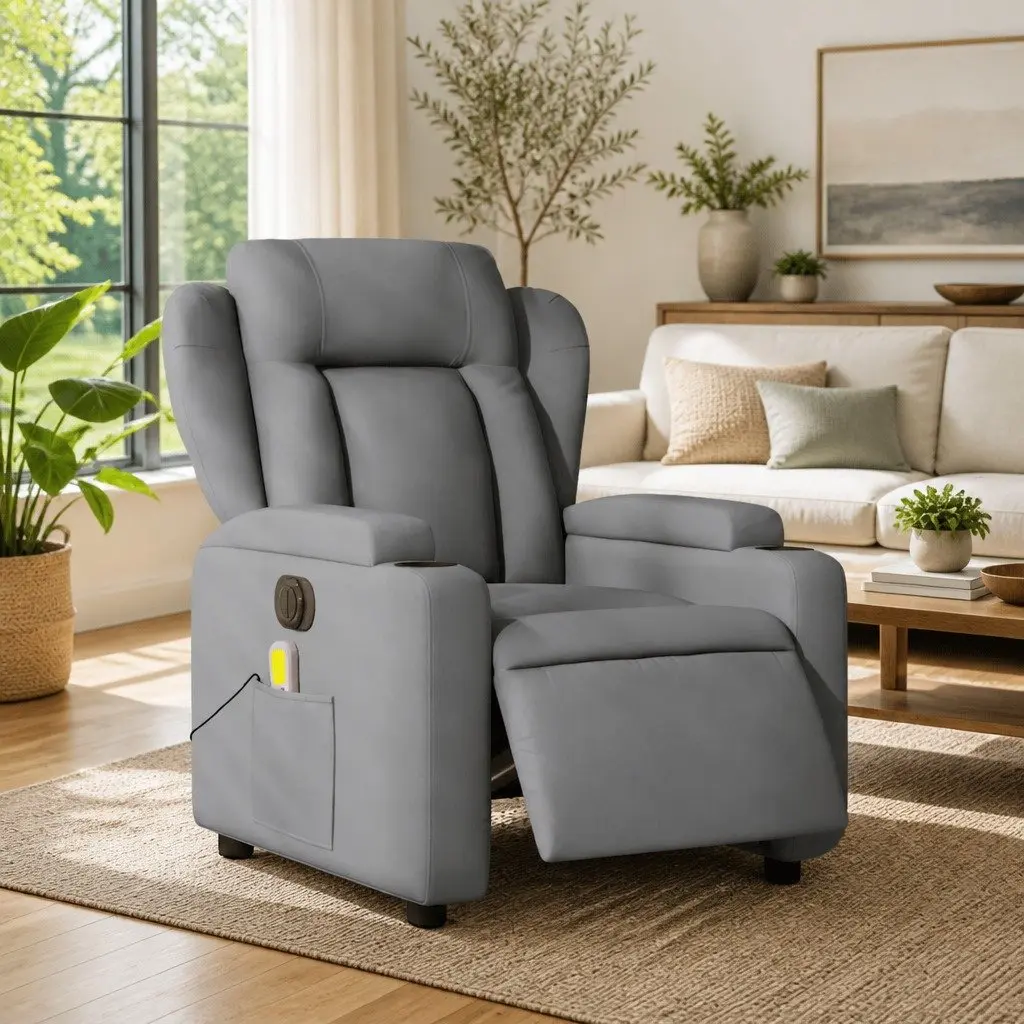 Electric Recliner Chair Fabric Grey Adjustable Footrest 135 Degrees Motorised Massage Function