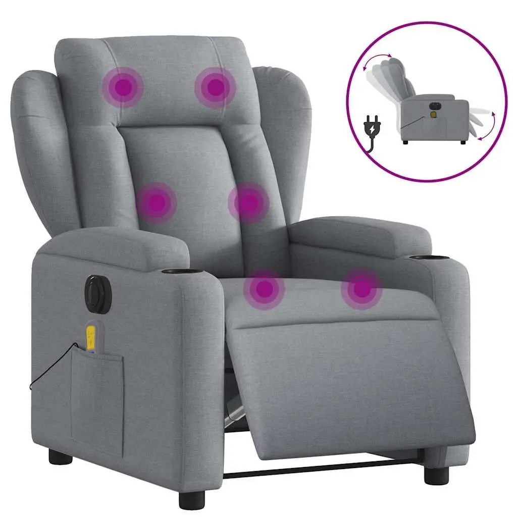 Electric Recliner Chair Fabric Grey Adjustable Footrest 135 Degrees Motorised Massage Function