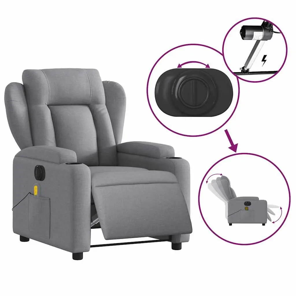 Electric Recliner Chair Fabric Grey Adjustable Footrest 135 Degrees Motorised Massage Function