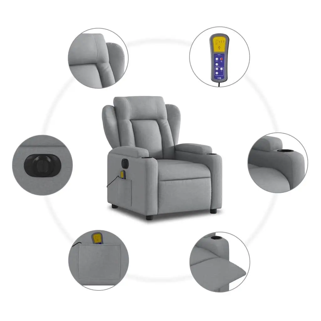 Electric Recliner Chair Fabric Grey Adjustable Footrest 135 Degrees Motorised Massage Function