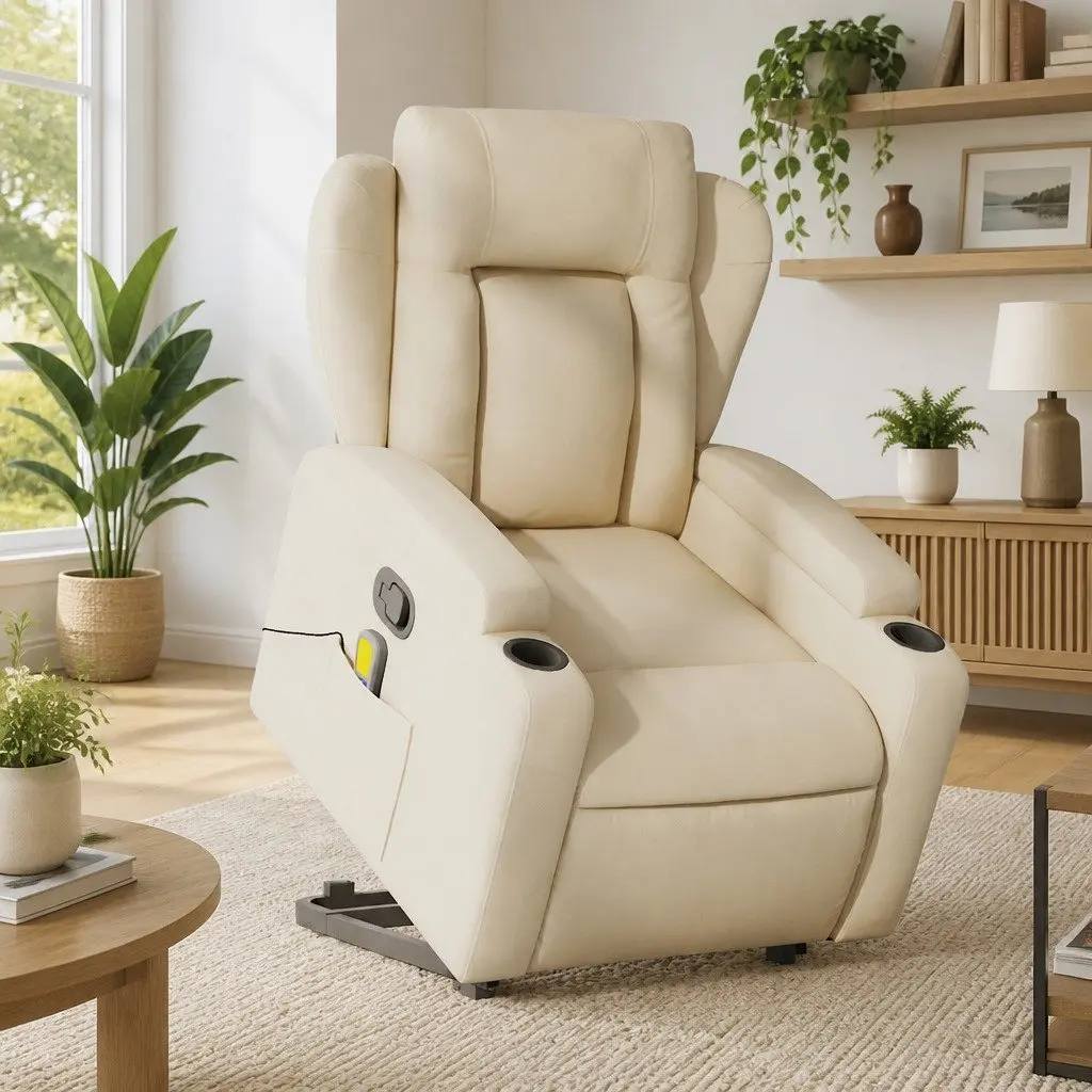 Electric Massage Recliner Chair Power Lift Fabric Upholstery Cream