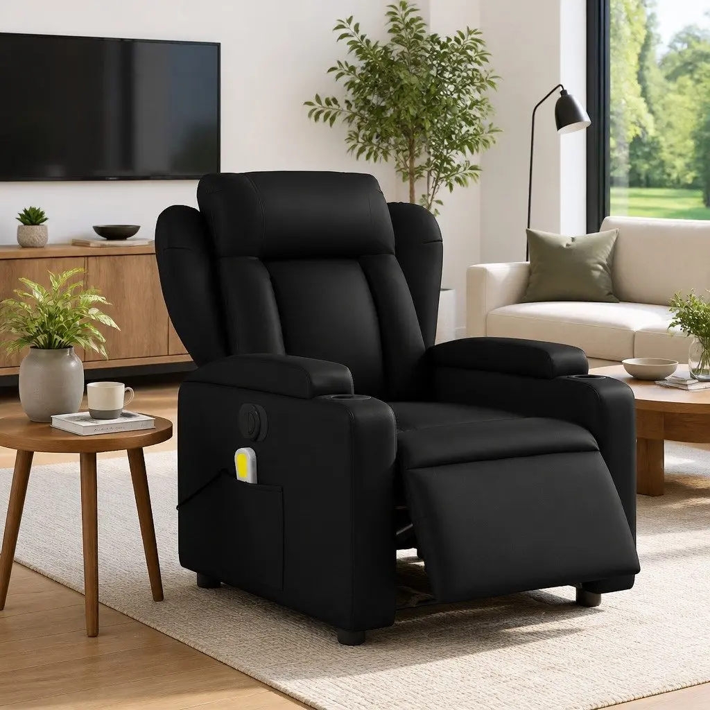 Electric Massage Recliner Chair Faux Leather Black 135 Degrees