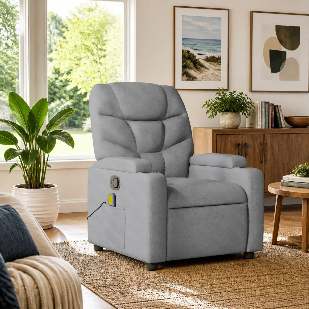 Recliner Chair Grey Fabric Vibration Massage Adjustable Footrest Manual Armchair
