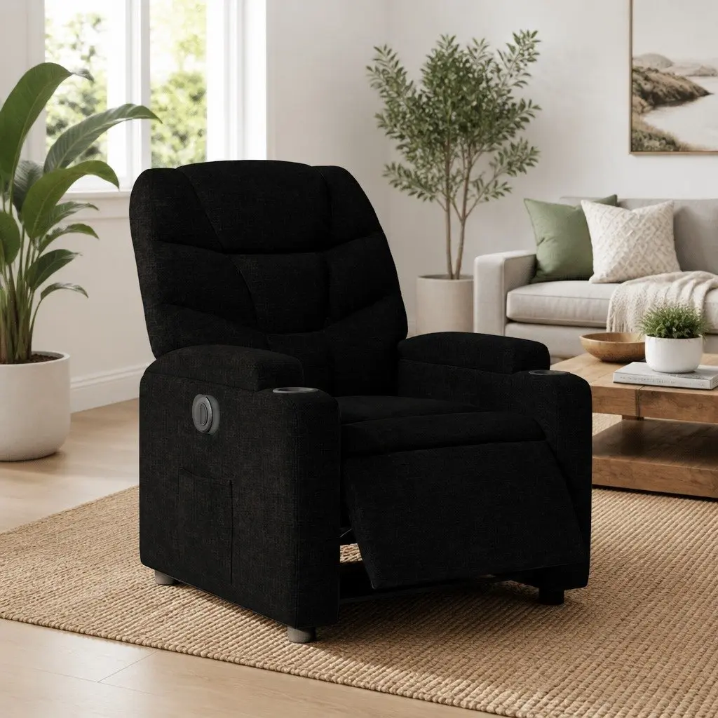 Electric Recliner Chair Fabric Black Armchair with Cup Holders Footrest