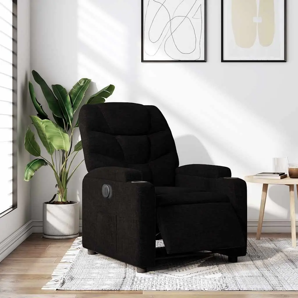 Electric Recliner Chair Fabric Black Armchair with Cup Holders Footrest