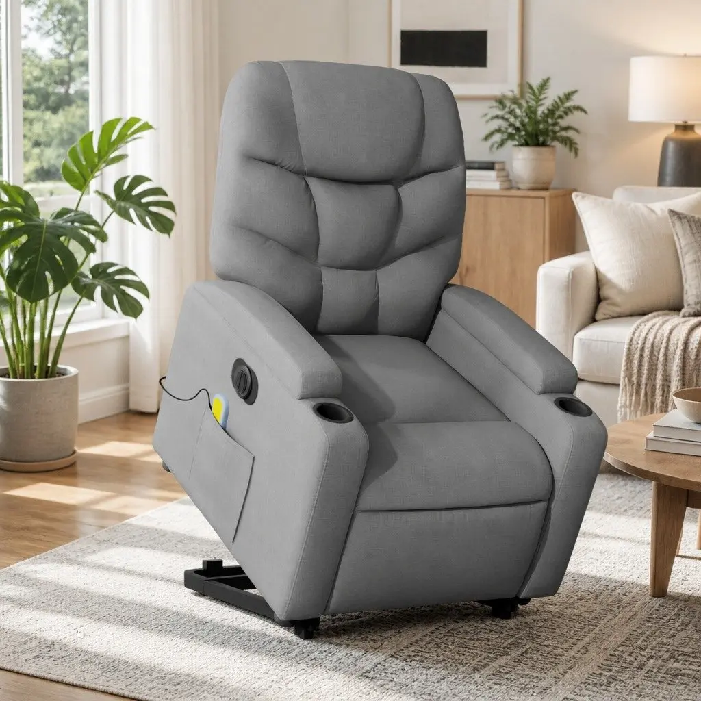 Electric Massage Chair Fabric Grey Stand Up Recliner with Lift Function and Vibration Massage