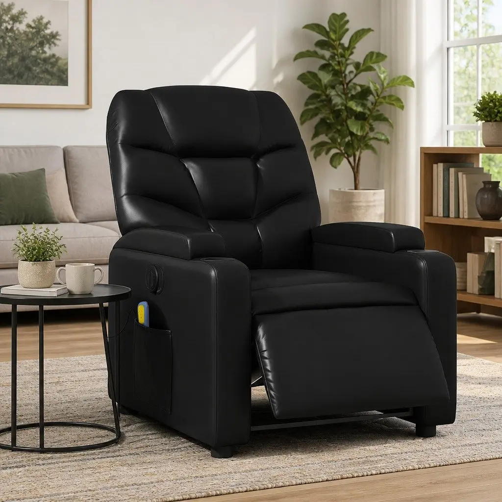 Electric Recliner Chair Faux Leather Black Massage Function Adjustable Footrest 135 Degrees with Cup Holders and Remote Control Pocket